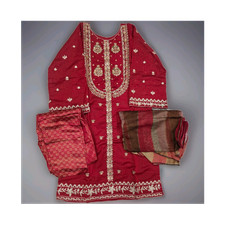 Embroidered Red Salwar Kameez Set with Multicolor Dupatta for Women Size S