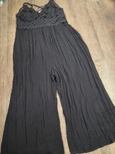 J for Justify Super Wide Leg Overalls Gauzey Solid Black Plus 3X Lace Trim Top