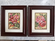FRAMED MATTED Pink Roses And Flowers Needlepoint 12"X10" Excellent Condition