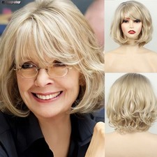 Short Fluffy Wavy Rooted Blonde Mix Synthetic Hair Wigs Women Soft Natural Daily