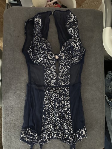 VICTORIA'S SECRET Sheer Lingerie Corset Bustier Navy/ Silver Boning Garters 34B