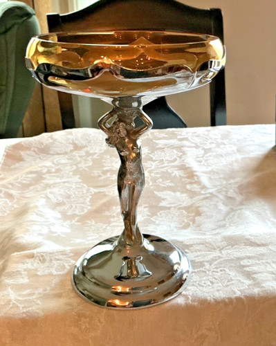 Vintage  Farber Bros.  Chrome  Nude Lady  Compote  Amber Glass Insert  MCM