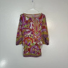 Trina Turk Tunic Top Womens XS Boho Paisley Print 3/4 Sleeve Nylon Stretch