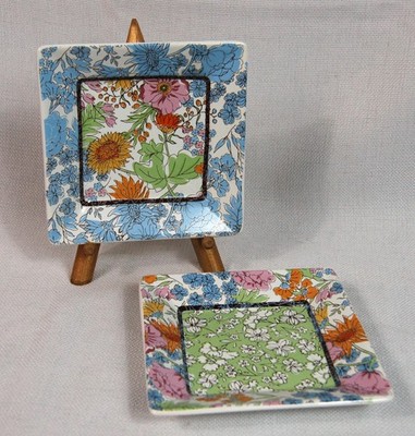 222 Fifth PTS Floral Revelry Set of 2 Square Appetizer Plates 5 3/8''