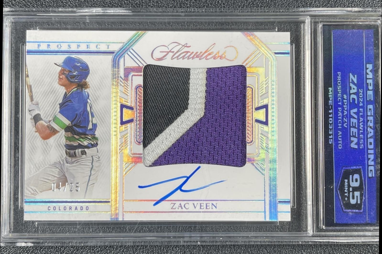 ZAC VEEN MPE 9.5 2024 PANINI FLAWLESS #PPA-ZV PROSPECT PATCH AUTO 04/25 ROCKIES