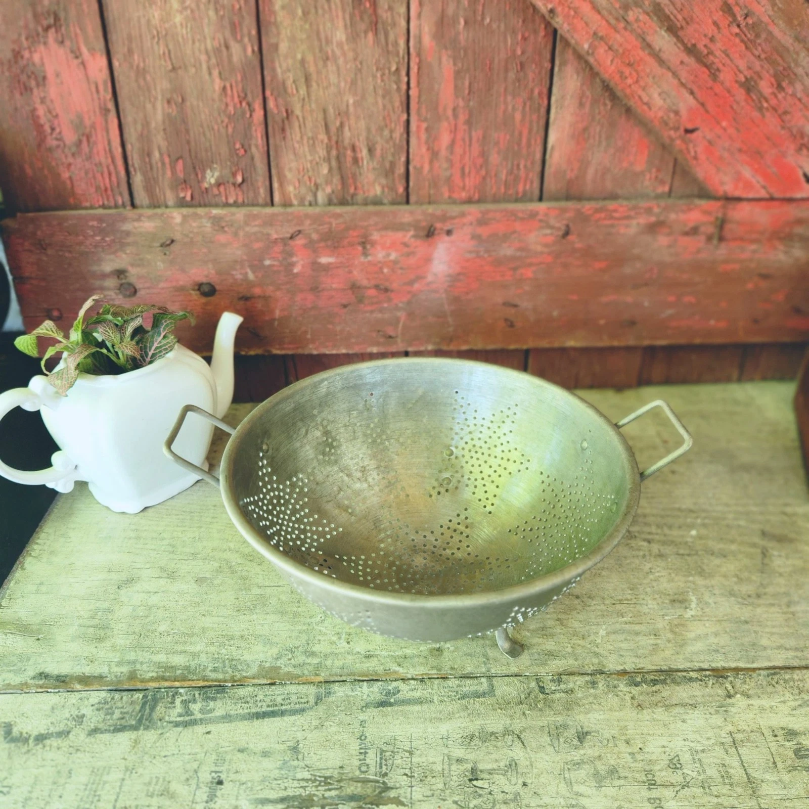 Vintage Metal Colander With Star Cutout Design & Handles 14" Wide
