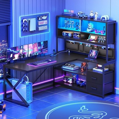 L Shaped Desk with LED Lights, Glass Cabinet and Bookshelf, Corner Computer Desk