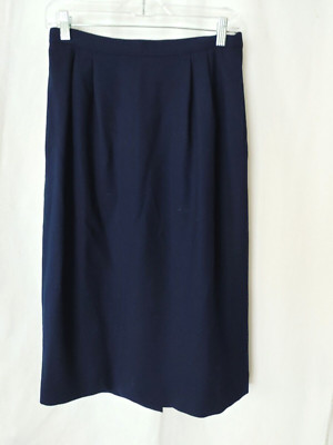 100% Wool Below Knee Lined Skirt Pleats Back Hemline vent Navy Size 10 #14782