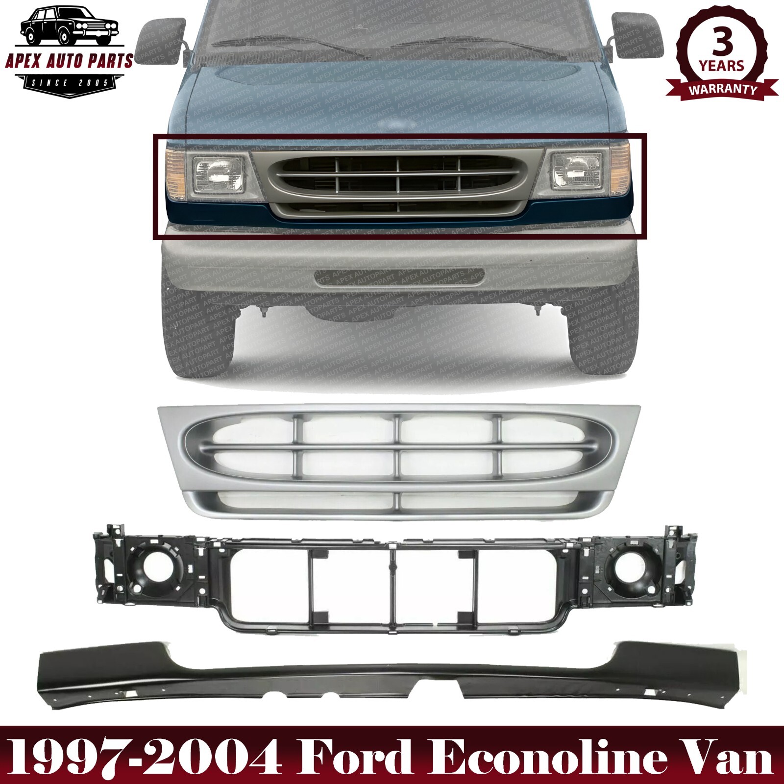 Conjunto de parrilla delantera + panel de cabezal + relleno para camioneta Ford Econoline 1997-2004