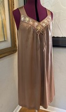 Vintage 70s JCPenney Brown Nylon Sweeping Nightgown Bow Floral Embroidery S/M