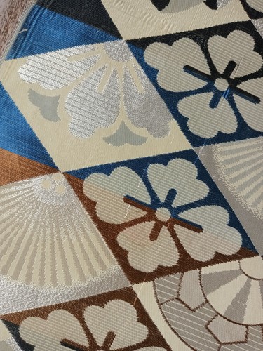 JAPANISCHER KIMONO OBI VINTAGE ANTIK INFORMELL GEWEBT blau braun silber gold Fächer - Bild 7 von 9