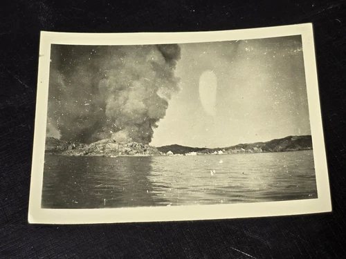 EXPLOSION! SMOKE - BOMBED ISLAND WW2 WWII German Wartime Military Photo