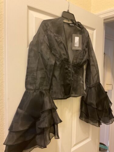 NWT Pretty Little Thing Sexy Black Sheer Bustier, Ruffled Sleeve Blouse Size 2/S - Picture 2 of 6