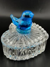 Vintage Crystal Heart Shaped Box With Blue Bird 4.5 in