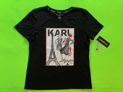 KARL LAGERFELD Women s Short Sleeve T-Shirt Paris MEDIUM Black w/White, Red NEW