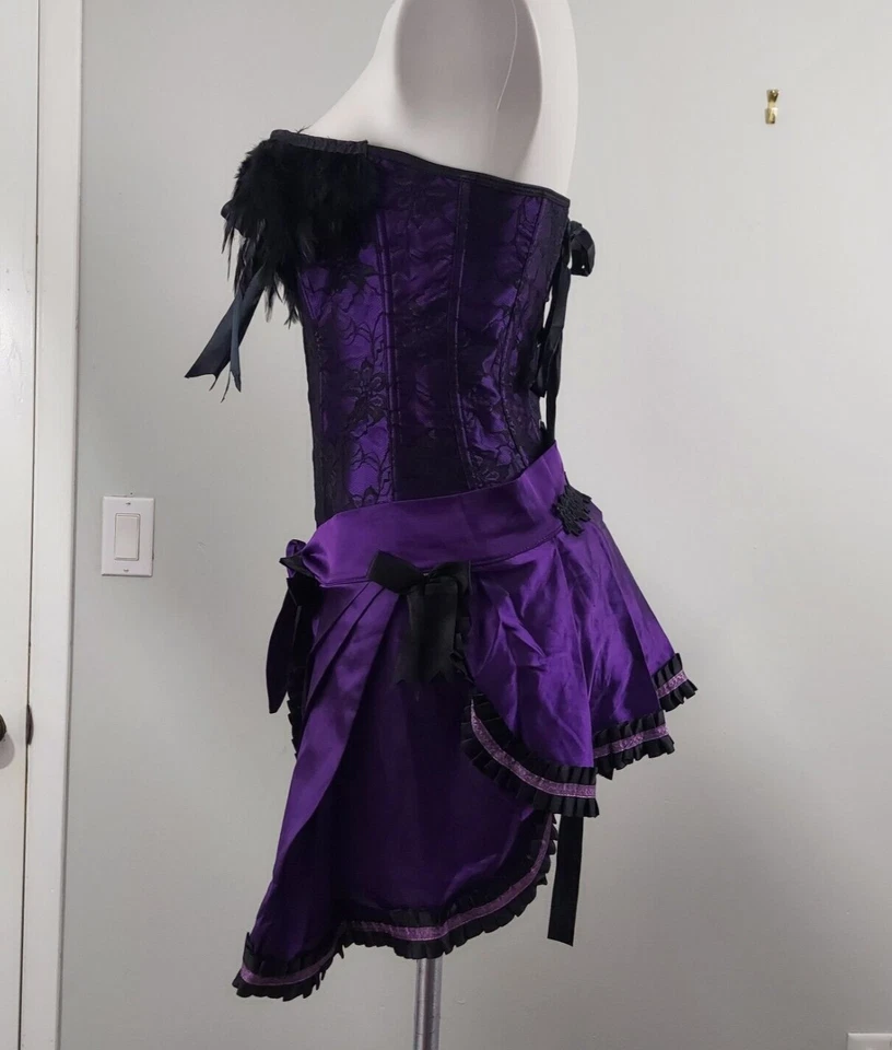 Burlesque Style Corset and skirt satin and Lace, Bows and Feathers, M, Purple - Image 2 of 4