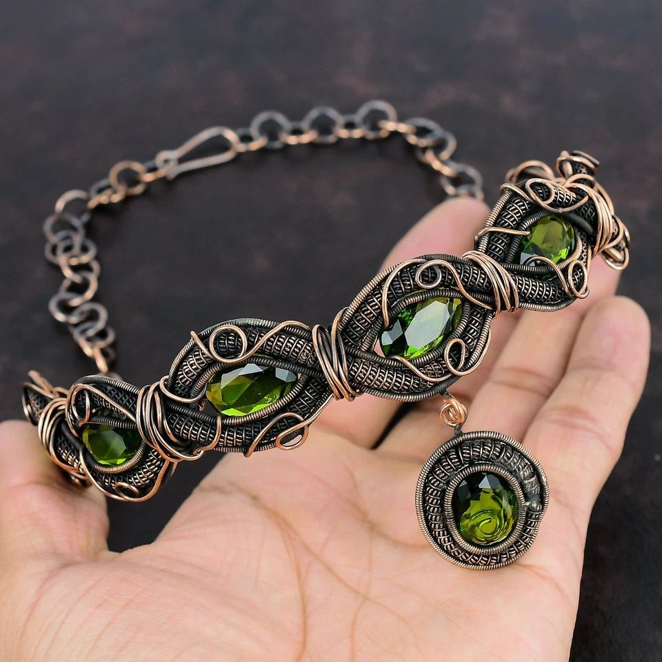 Nuevo collar de cadena envuelta en alambre de boda con piedras preciosas de peridoto de cobre oferta del día de la madre Foto 2 de 4