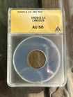1909 S Lincoln Cent Penny, ANACS AU50  Beautiful Coin
