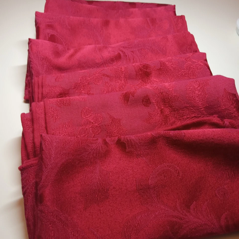 Vintage Satin Holiday Christmas Dark Red Holly Berry 17" Dinner Napkins 7 pc - Image 2 of 4