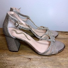 Nina Champagne Gold Rhinestone T-Strap Block Heel Sandals 8.5
