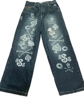 Vtg Y2K Akademiks Hip Hop Graphic Bleached  Jeweled Jeans Baggy Fit Sz 16 29x29