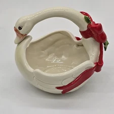 Vintage 1982 Fitz and Floyd Figural Basket with Handle Bows and Holly Goose