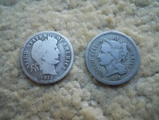 1865 Three Cent Nickel US Coin &1912 One Dime Coin