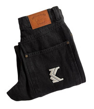 Karl Kani Mens Black Denim Cargo Jeans Baggy Workwear Fit Embroidered Logo