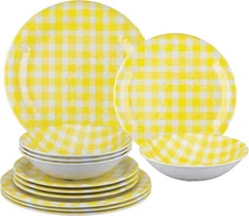 12 Piece Gingham Melamine Dinnerware Sets, Outdoor Dishes Set, Serive for 4