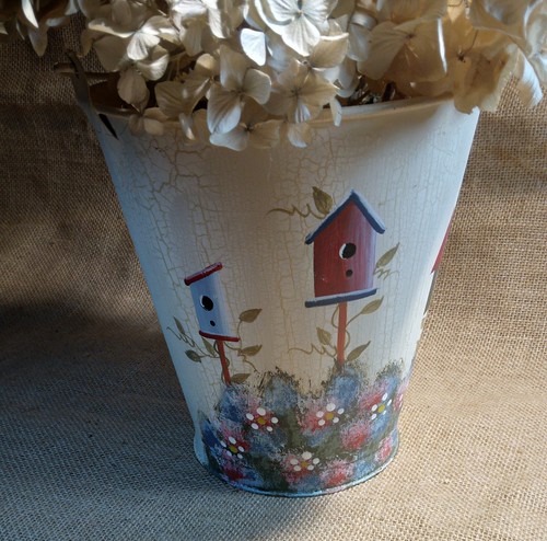 Hand Painted Birdhouse On Metal Bucket Country Farmhouse Spring Decor Folk Art  - Picture 2 of 11