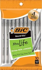 BIC Round Stic Xtra Life Black Ballpoint Pens, Medium Point (1.0mm), 10-Count