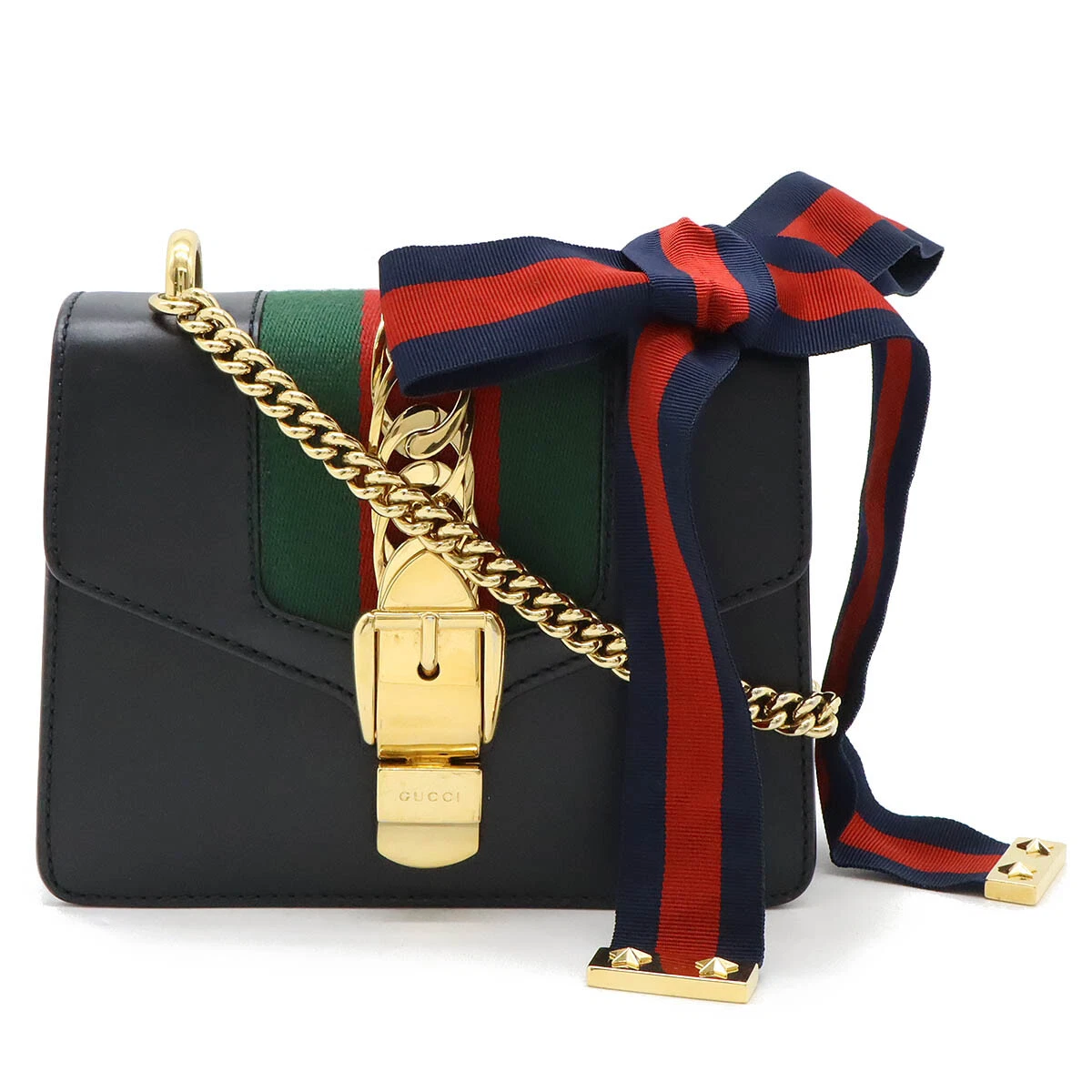 Gucci Sylvie Webline Ruban Mini Chaîne Épaule Pochette Cuir Noir Or
