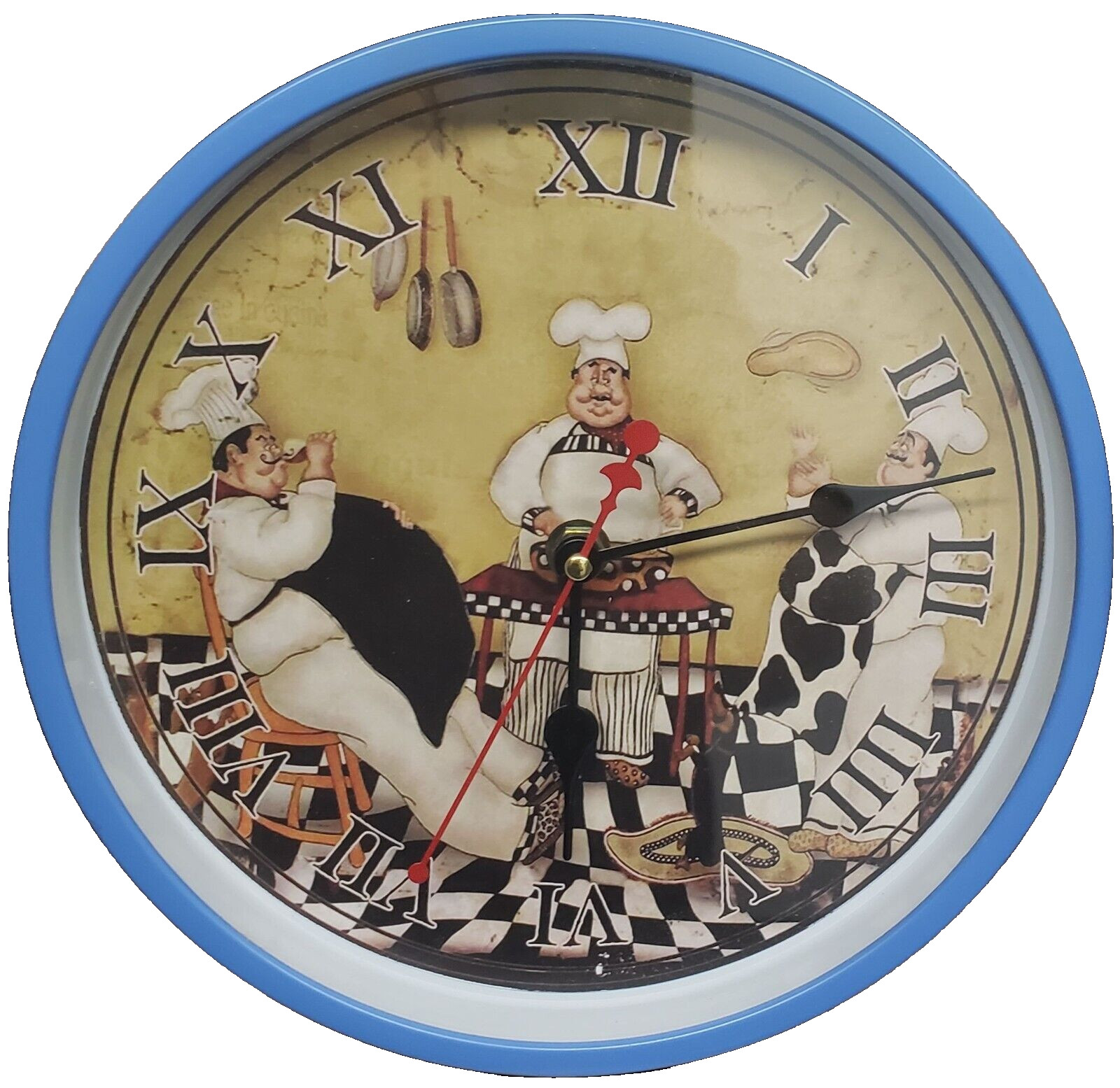 Plastic Wall Clock, (9") blue rim,roman numbers, 3 GOURMET BISTRO FAT CHEFS, FHI