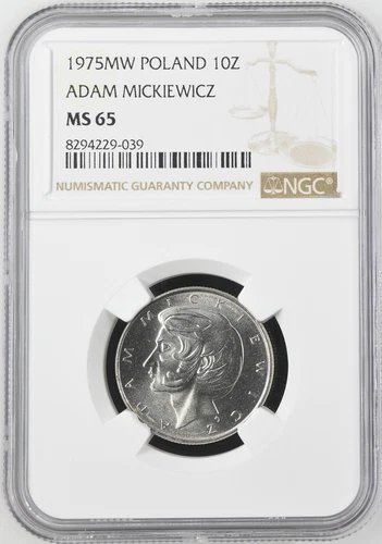 Poland 1975 MW 10 Zlotych NGC MS 65 Adam Mickiewicz