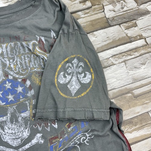 Affliction Renegade American Custom T-Shirt Skull Bones Green Distressed Mens Lg - Picture 7 of 9