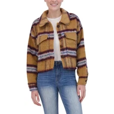 Vigoss Brushed Plaid Crop Button Jacket Chest Pockets Tan Women's , S