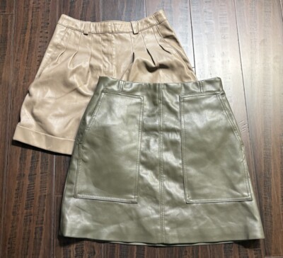 H&M Faux Leather Skirt Shorts Womens *2 Pleather Army Green