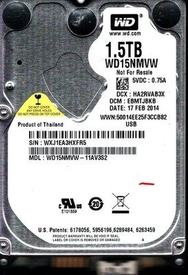 WD15NMVW-11AV3S2 S/N: WXJ1 DCM: EBMTJBKB WESTERN DIGITAL 1.5TB THAILAND FEB 2014