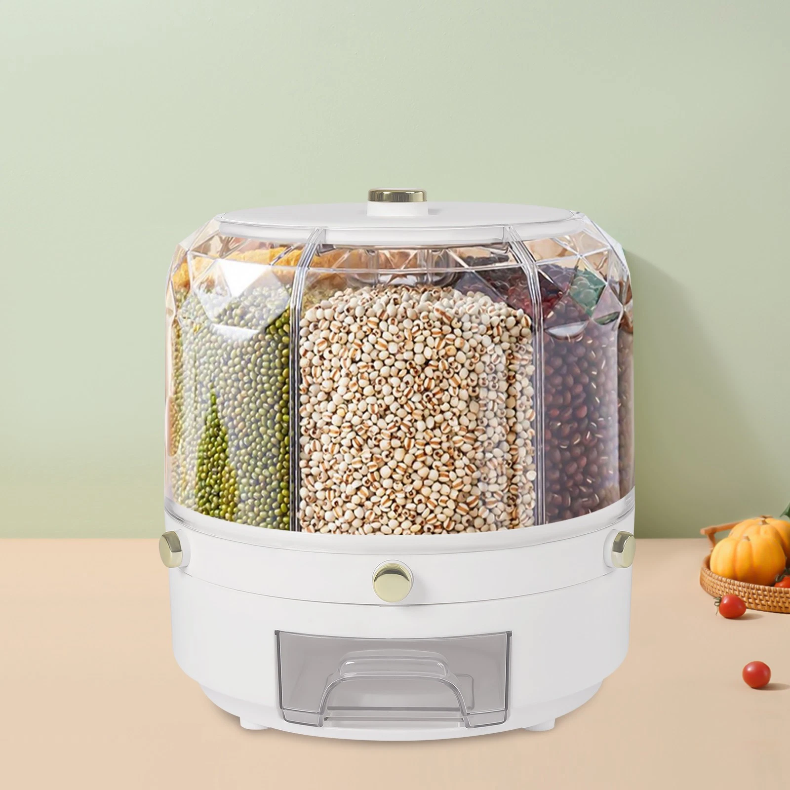6-Grid Rotating Rice Dispenser Dry Grain Food Storage Container Tank for Kitchen