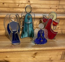 Lot 4 Vintage Stained Glass ANGELS Holiday Decor Sun Catchers Tea light