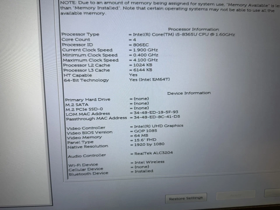 Dell Latitude 5500 i5-8365U 1.60GHz 8GB RAM No OS/HDD/SSD/Batt - Image 3 of 4