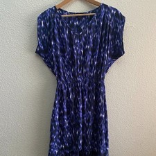 Express Dress Purple Black Print Short Sleeve Blouson Small V-Neck Lightweight