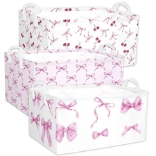 3 Pcs Pink Bow Storage Basket, Coquette Girls Rectangle Storage Bins Box with...