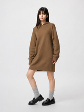 New Uniqlo Smooth Soft 100% Cotton Knit Sweater Hoodie Dress - Brown - Size M