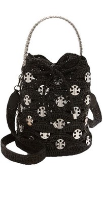 RABANNE Black Disc Raffia Bucket Shoulder Bag