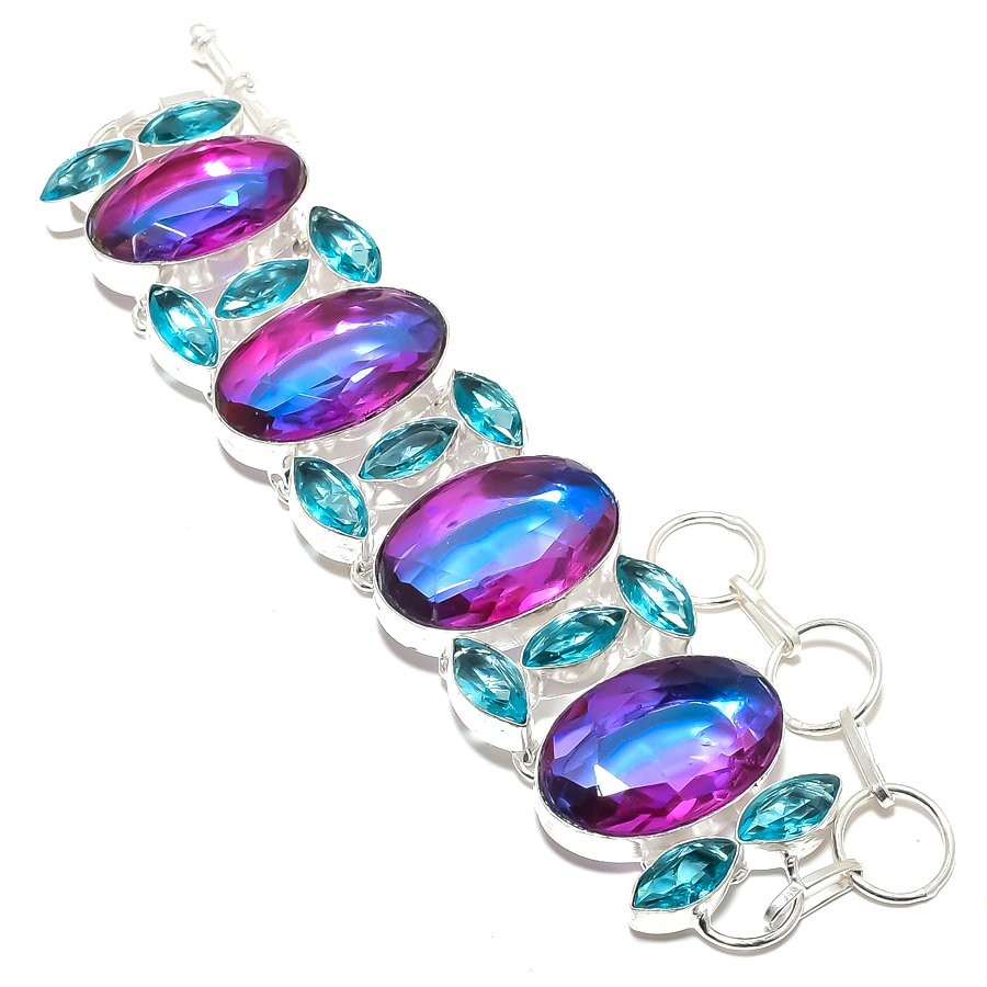 Bi-Color Tourmaline, Blue Topaz Gemstone 925 Sterling Silver Bracelet 7-8