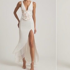 Oh Polly Nathalia Ivory Embellished Plunge Ruffled Corset Maxi Dress Sz6 NEW