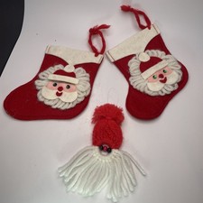 Vintage Handmade Felt Christmas Stockings 2 Ornaments Santa  Yarn Ornament