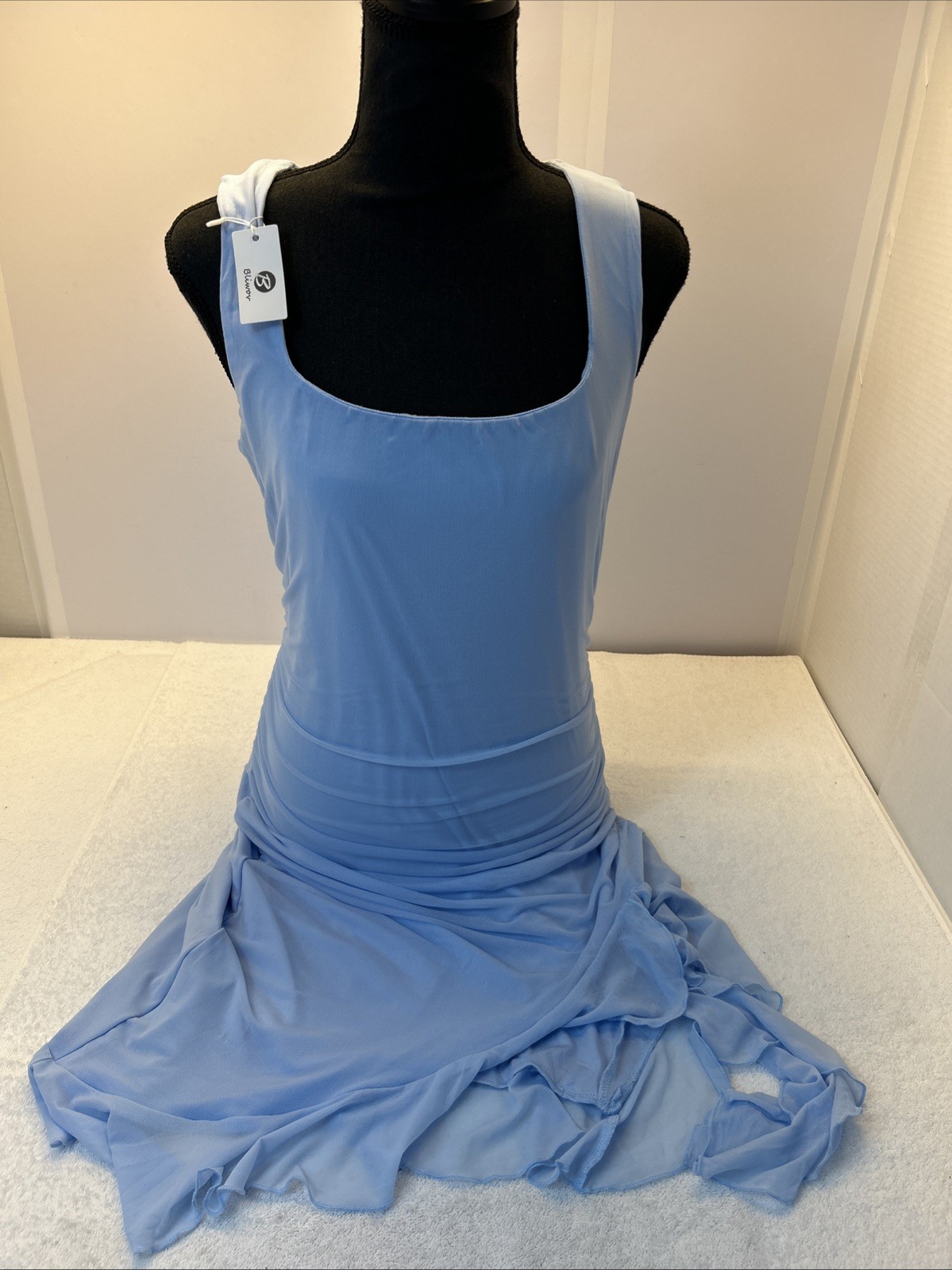 Baby Blue Asymmetrical Hem Back Zip Ruched  Prom/Cocktail/Wedding Dress SZ L NEW