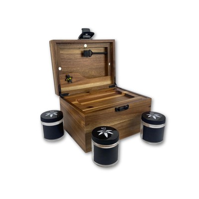 BzzBox Decorative OG Storage Box - Acacia, Lockable, with 3 Jars for Easy Sto...